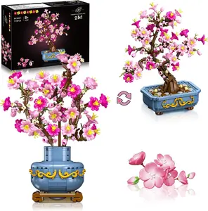HOGOKIDS Flowers Cherry-Blossom Bonsai Building Set - 2 in 1 Artificial Bonsai Tree Plants for Home Decor & Display Cherry Botanical Flowers Building Toy Birthday Gift for Adults Teens Kids(775PCS)