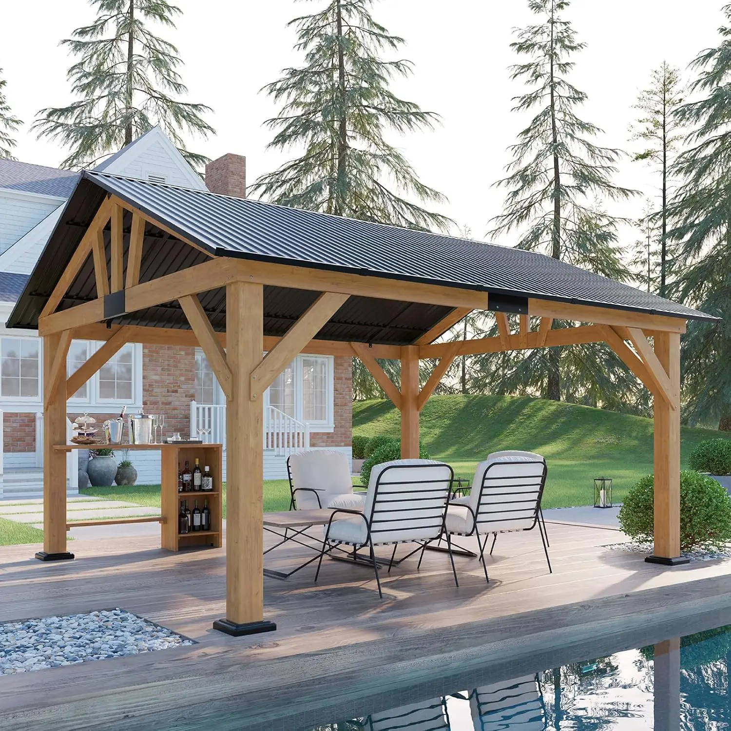 VanAcc Modern Outdoor Wood Gazebo with Bar Storage Space  and Metal Steel Gable Roof for Garden, Patio, Lounge, Black + Natural Wood Aesthetic Design