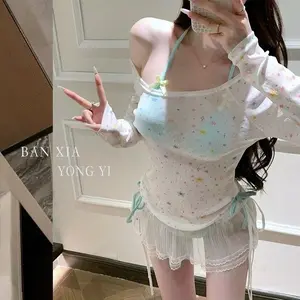 Kawaii Cute Ruffle Four-Piece Bikini Sets Pure Desire Women Casual Sexy Split Swimwear Solid Color Beach Pool Party Summer