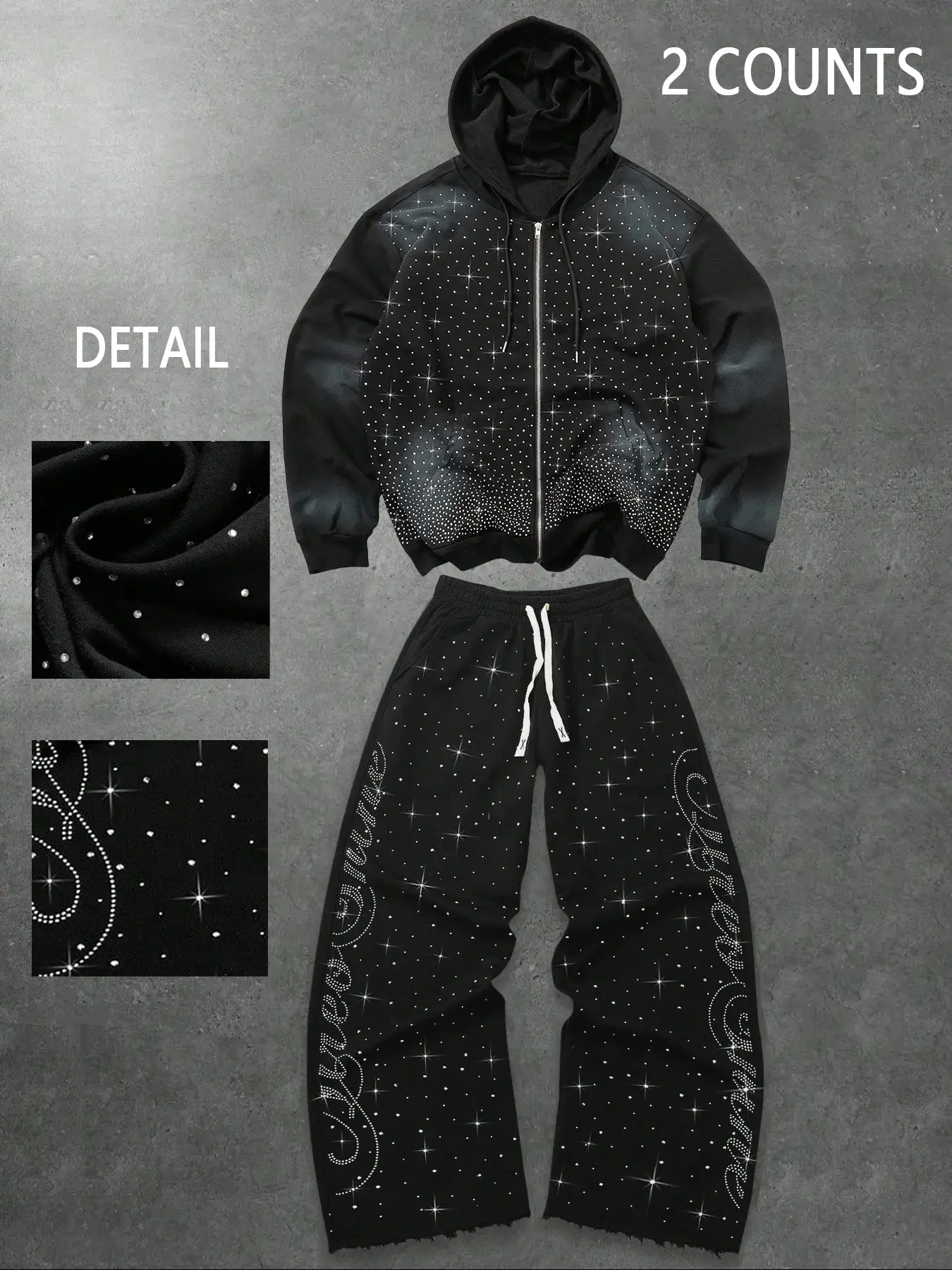 Sparkling Diamond Embroidery Set, Spring & Fall Zip Hoodie and Sweatpants Combo, Comfortable Casual Fashion for Workdays or Weekends