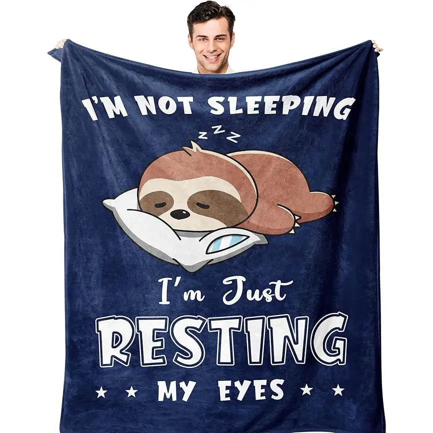 Funny Sloth Flannel Throw Blanket - Soft Cozy "I'm Resting My Eyes" Quote Blanket, Cute Novelty Gift for Sloth Lovers Men Women, Couch Sofa