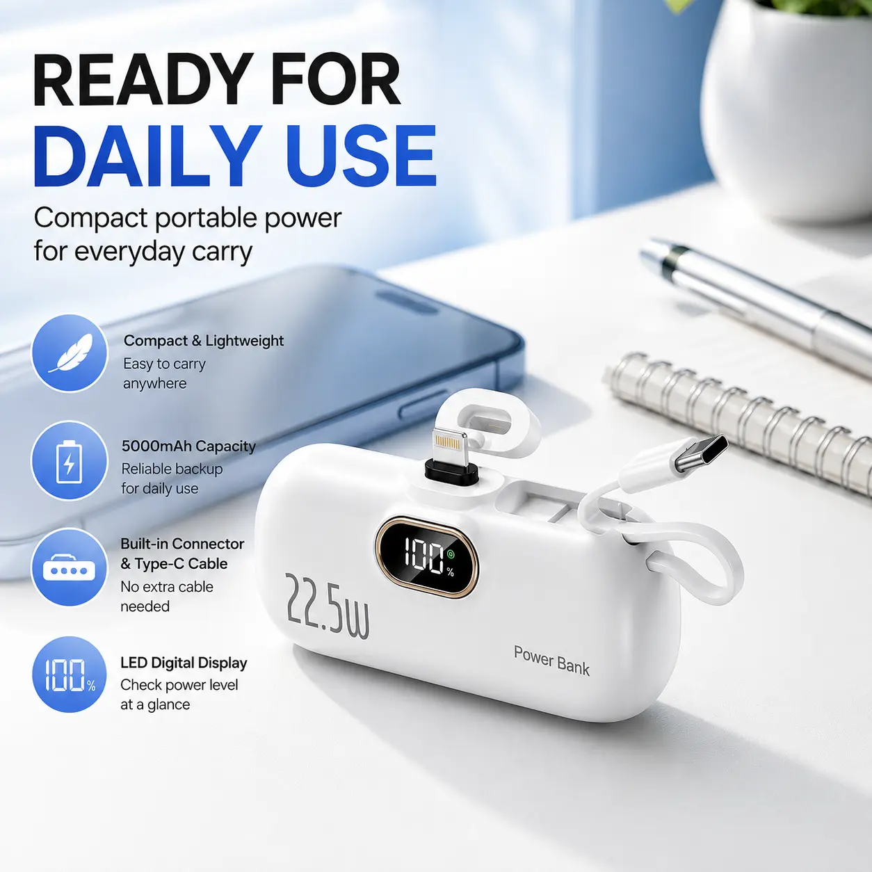 5000mAh Mini Portable Charger with 22.5W Fast Charging, Built-in Lightning Connector & USB-C Cable, USB-C & USB-A Output, Digital Battery Display, Pocket Size Power Bank for iPhone, Android, Travel, Daily Use