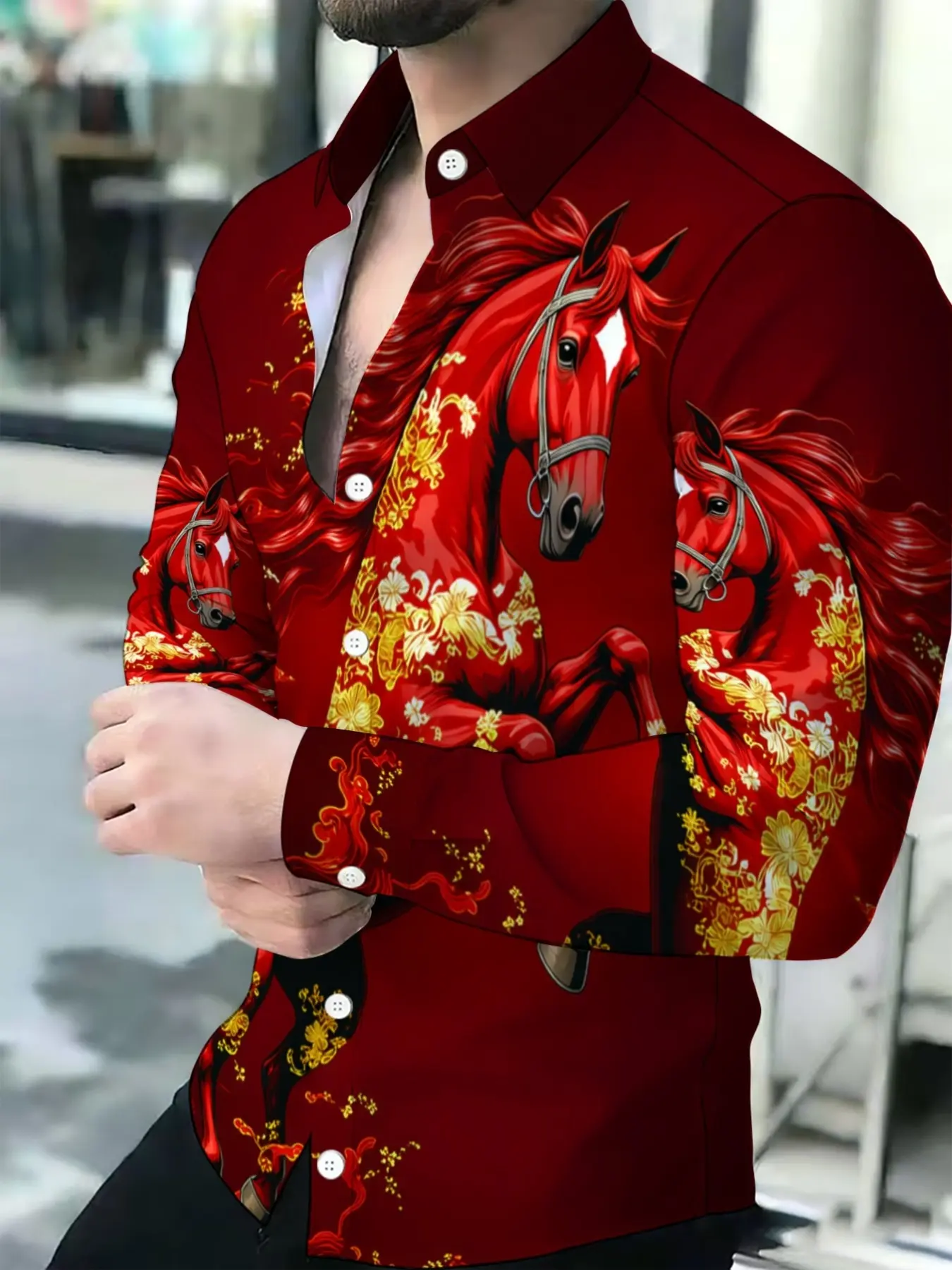 Men's Red Horse Gold Floral Print Breathable Lapel Long Sleeve Open Front Casual Outings Shirt