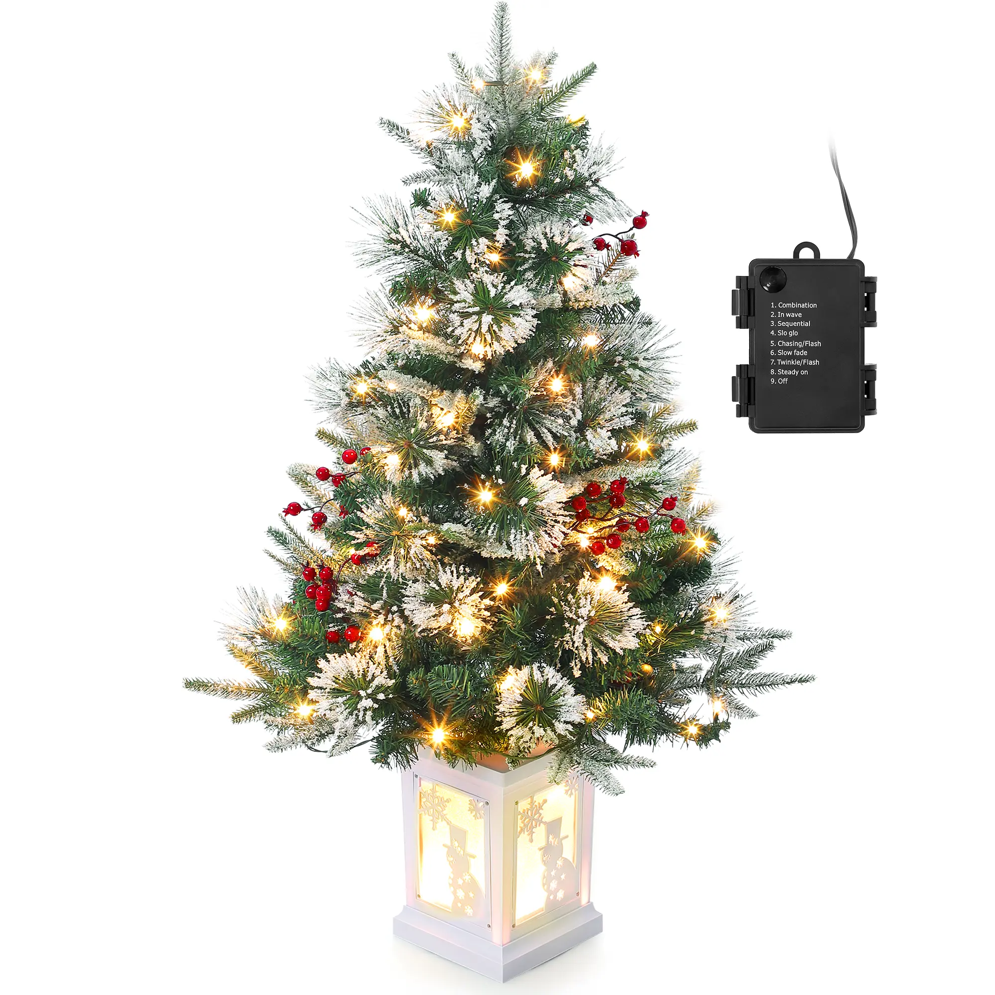 3FT Pre Lit Premium Potted Flocked Arctic Fir Christmas Tree , Artificial Mini Pre Lit Xmas Tree Christmas Decoration Snowman White Base- 1PC Box Insert Illuminated Lantern Led Star Light