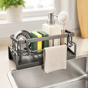 Kitchen Sink Caddy Organizer with Auto Drain, Dish Drying Racks, Sponge Holder with Towel Rack, Keep Sink Clean & Dry