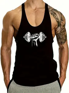 Men's Dumbbell Fist Graphic Fitness Tank Top, Sporty Loose-Fitting Sleeveless Shirt, Muscle Building Workout Wear, All Seasons
