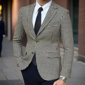 Men’s Plaid/Houndstooth Blazer One-Piece Suit Jacket with Two Side Slits, Slim Fit, Casual, Long Sleeve