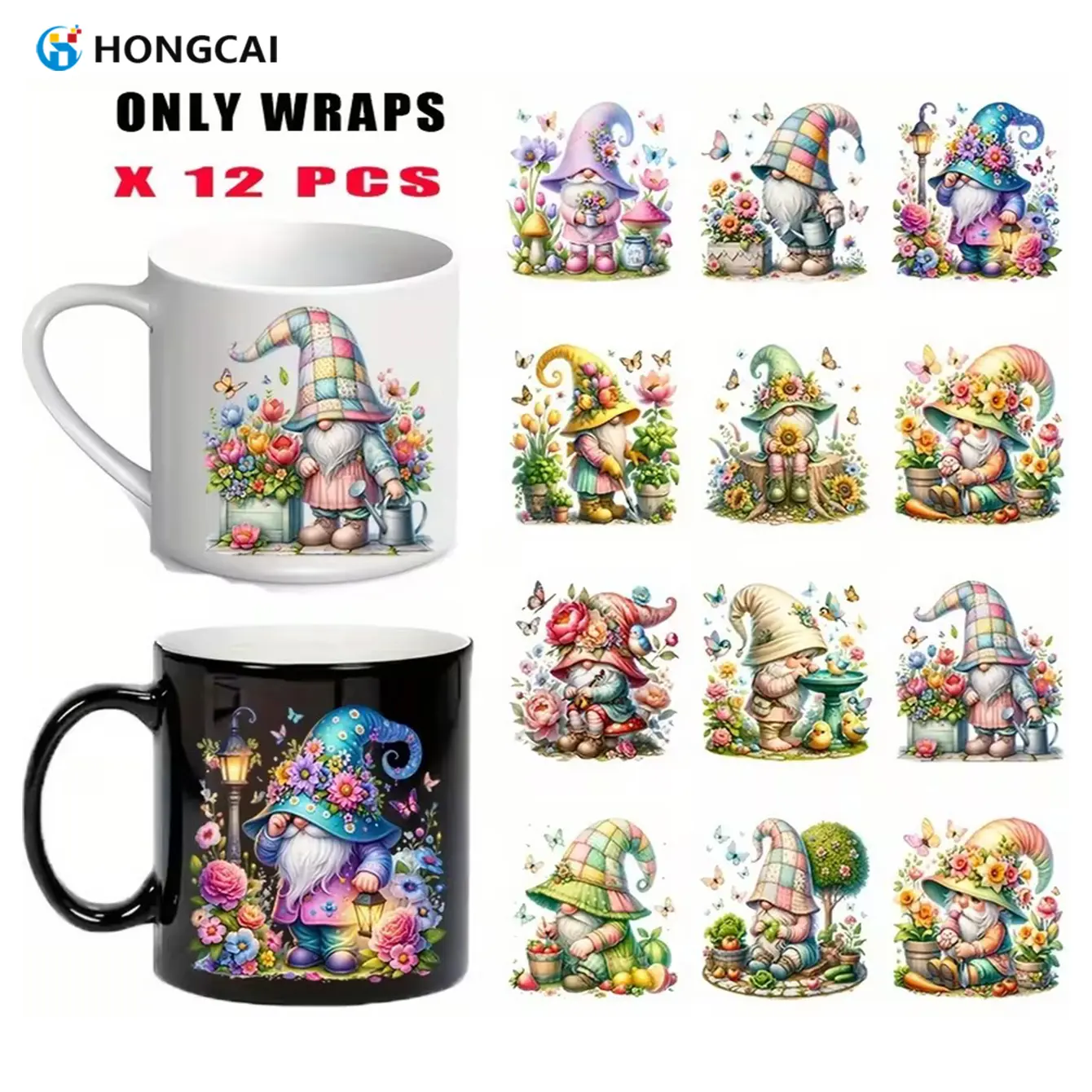 12-Piece Garden Gnome Series UV DTF Heat Transfer Stickers, 3D Crystal Labels, Vibrant Colors, Waterproof Scratch-Resistant Film