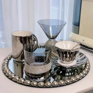 Luxury Silver Tea Cup & Plate Set – Trendy Afternoon Tea Coffee Cups with Tray, Elegant High-End Party Wine Glass & Plating Set, Stylish Social Gathering Drinkware for Home, Café, Birthday, Wedding, Holiday Use