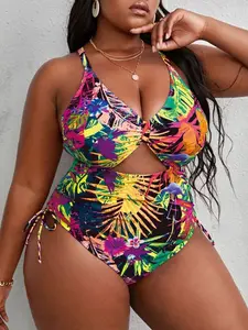 Plus Size Tropical Print Side Ties Hollow Out Summer Beach One-Piece Swimsuit Yellow Boho V Neck High Waist Wireless Bra 2 Piece Set