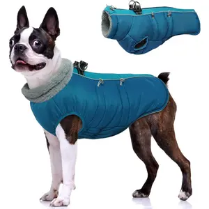 Warm  Coat with Harness Built-in, Thick Fleece  Winter Jacket with High &Zipper,  Reflective Dogs Cold Weather Coats for Medium Dogs, Pet Snow Jacket Vest(Blue,M)