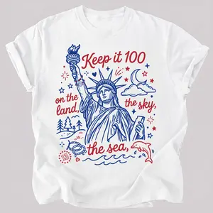 Keep It 100 Patriotic 4th of July T-Shirt, Unisex Classic Fit Graphic Top, Comfortable Polyester Cotton with Tear-Away Label