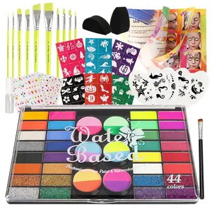 Pintada 44 Color Face Painting Kit for Party - Non Toxic Water Activated Face Paint Palette with Stencils, Brushes, Gems & Glitter.Halloween, Carnival; Costume Makeup for Creative Activities