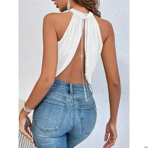 Backless Detail Chain Allurite Crossover Rhinestone Halter Top