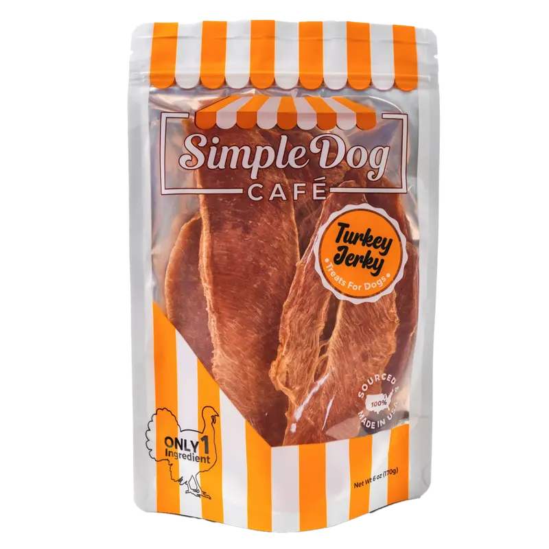 Premium Turkey Jerky for dogs by Simple Dog Café - Single Ingredient Treats, 100% USA Sourced & Made, Rich in Lean Protein, Hypoallergenic, Human-Grade, Hand-Made, Small Batch, Good for Training, Food for Dogs, 6oz All Natural Dehydrated Jerky Treats