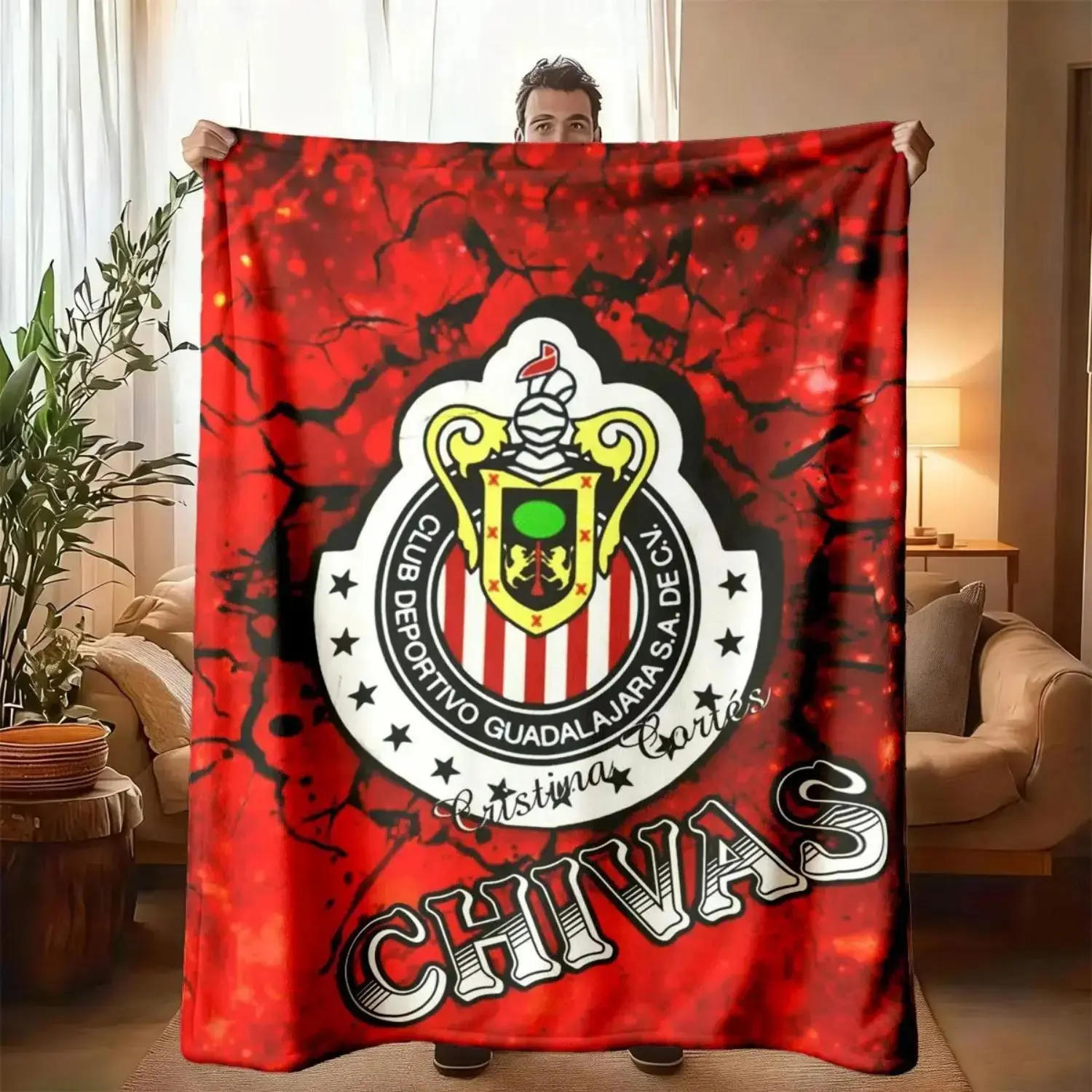 Chivas Deportivo Guadalajara Liga MX Mexican Team Classic Flat Weave Soft Sherpa Plush Blanket, Geometric Print Football Fan Gift for Family Members