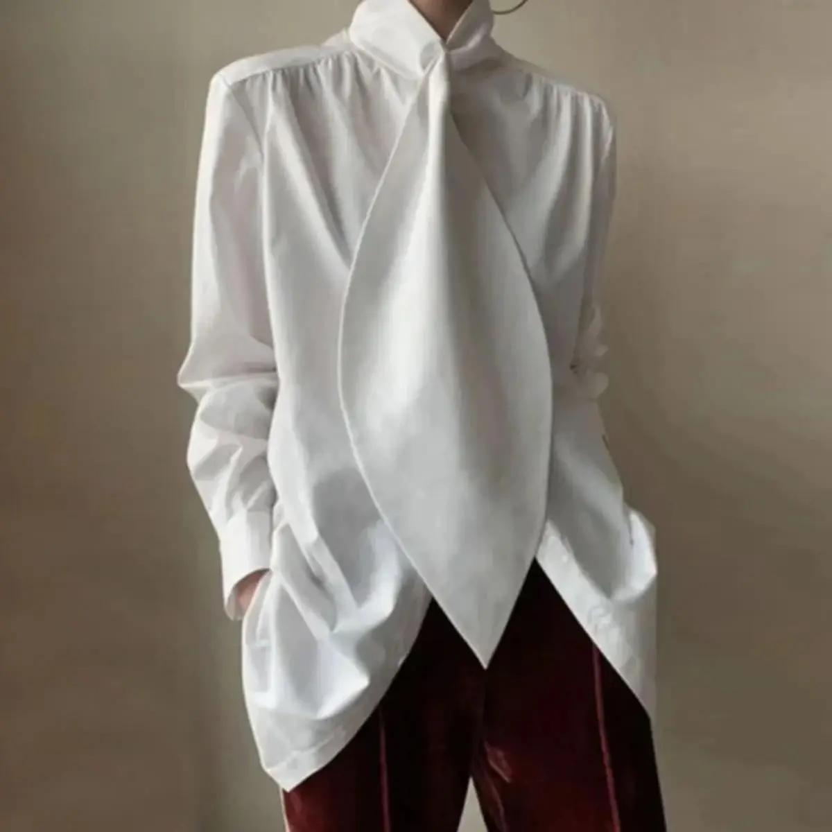 Women's Minimalist High-Neck Blouse with Large Leaf Tie - Basic Everyday Women's Clothes, Comfortable Solid Fitted Long Sleeve Tops for Casual Wear