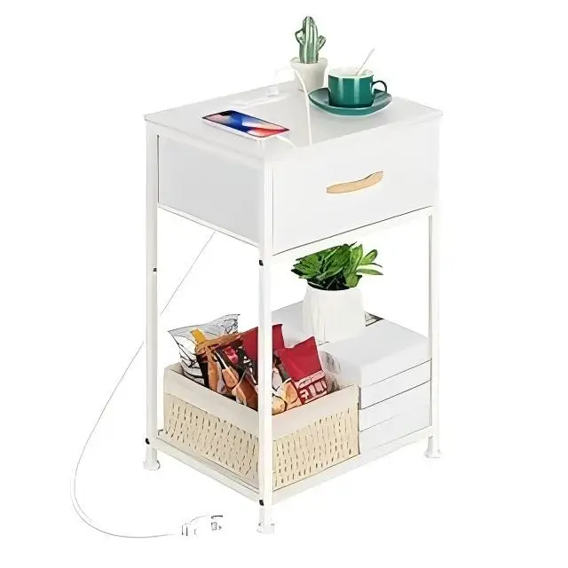 Single Pack White Night Stand with Charging Station Bedside Table with Fabric Drawer Bedroom Side Table with Storage Shelf Small Nightstand, White
