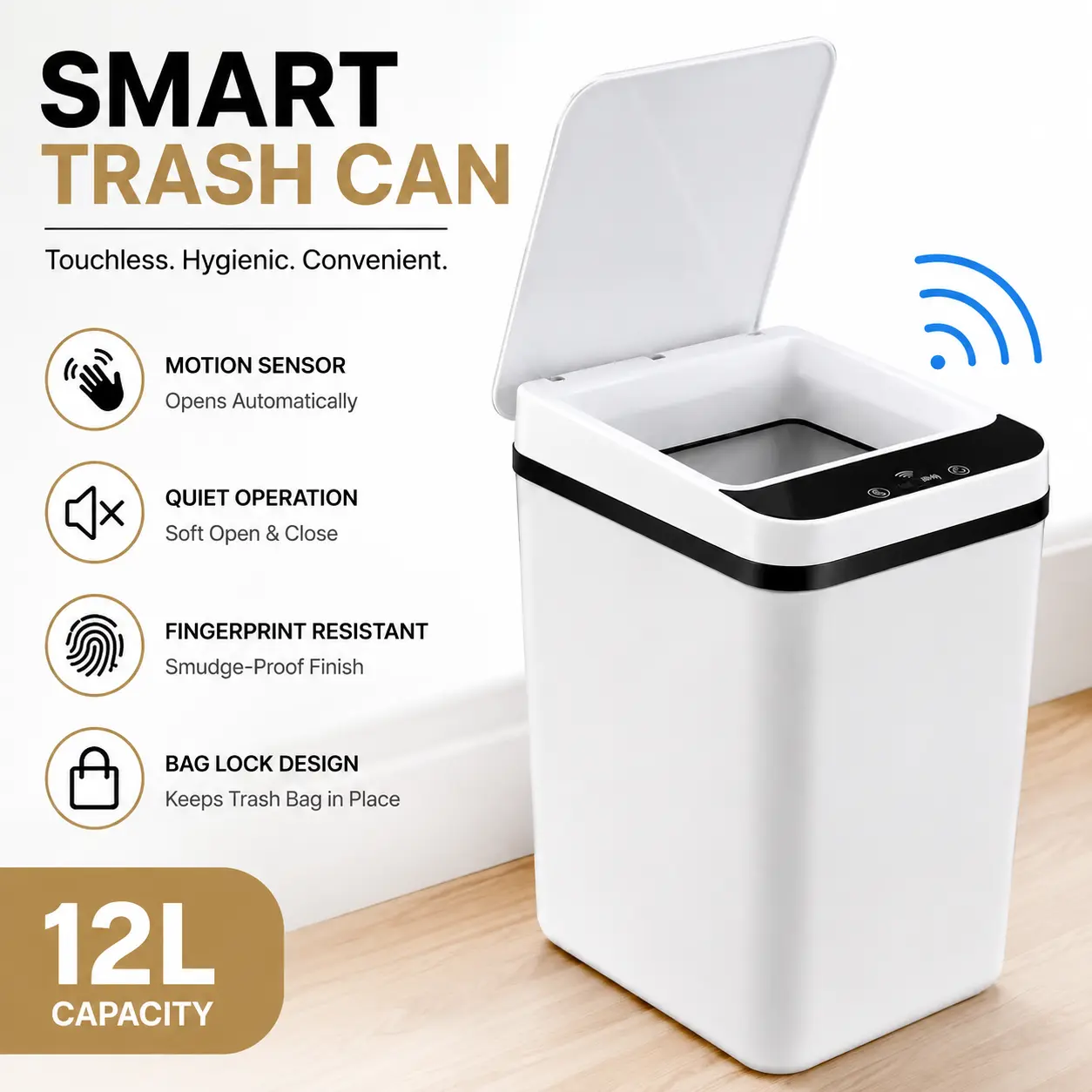 12L Automatic Trash Can with Motion Sensor, Touchless Smart Garbage Bin, Waterproof Waste Basket for Bathroom, Kitchen, Bedroom, Office, Study, Living Room & Home, Space Saving Household Essentials