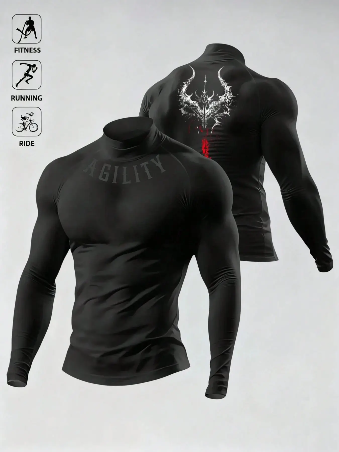 Men's Functional Compression Long Sleeve Shirt, Gothic Horn Pattern, Agility Print, Moisture Wicking High Neck Sportswear, Compression Sports Tee, Compression Sports Top