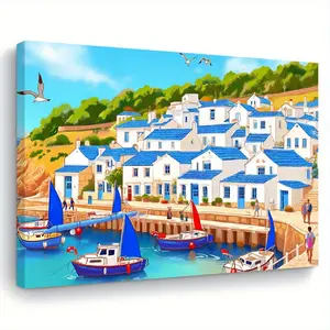 2D Flat 1 Piece 2D Flat Wooden Frame Canvas Painting - Elegant Seaside Village, Blue Roof Houses and Sailboats, Suitable for Living Room, Bedroom, Kitchen - Perfect Gift for Her and Him, Indoor Wall Art Decoration, Seaside Home Decor| Water theme| Detaile