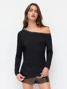 Cider Asymmetrical Neck Rivet Detail Long Sleeve Top