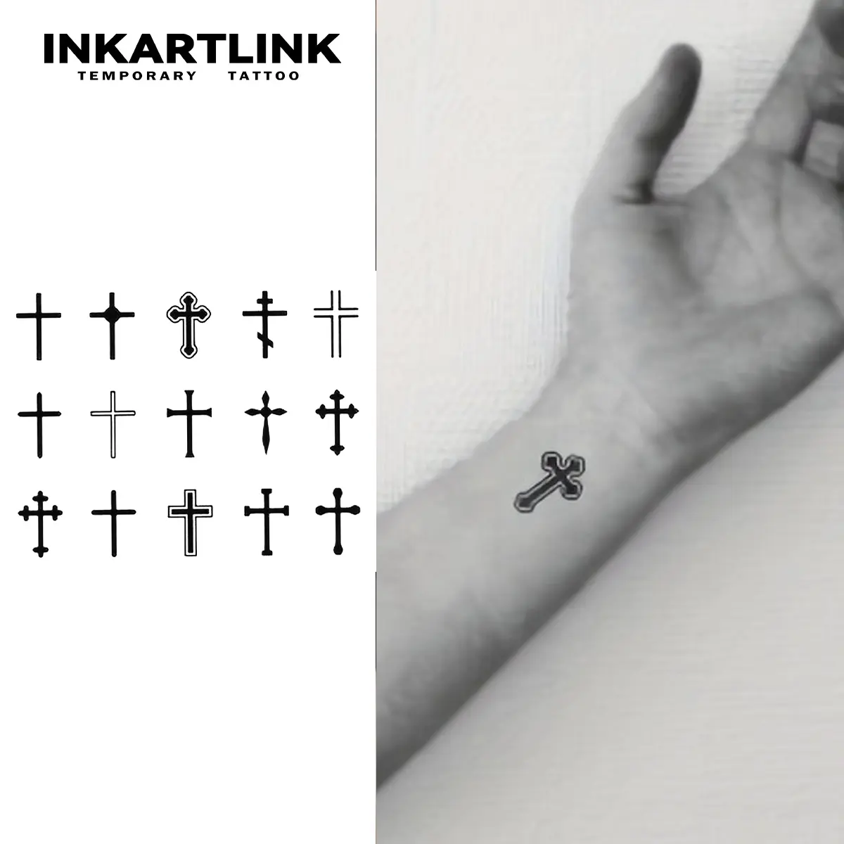 INKARTLINK 2-Piece Crucifix Magic Art Body Fake Tattoos - Waterproof, Semi-Permanent, Long-Lasting, Simple Arm Temporary Tattoo Ink Stickers for Party, Arm Temporary Tattoos