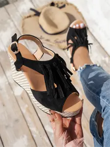 Who Wears It Becomes Boho-Wild & Instagram-Worthy! Suede Fringe Wedge Sandals  Height-Increasing, Leg-Lengthening, Adjustable Buckle  Black/Khaki, No Brainer Pick