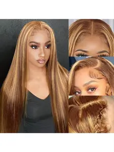 Ombre Highlight 13x4 Lace Front Wigs Human Hair Pre Plucked 180% Density Honey Blonde HD Transparent Straight Lace Frontal Wigs with Baby Hair Glueless #4/27 Colored Honey Blonde Human Hair Wig for Women