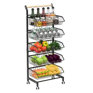 Fruit Vegetable Basket, 5-Tier Adjustable Rolling Pantry Kitchen Cart on Wheels, Metal Wire Storage Basket Cart for Fruit, Potato, Onion, Vegetable, Snack, Produce
