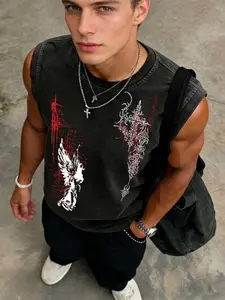 Men's Round Neck Vest, Menswear Tops, Classic Angel Print, Graphic, Casual Short Sleeve, Slim Fit, Long Length, Geometric Design, All Seasons, Outdoor & Party Wear, Casual Street Fashion