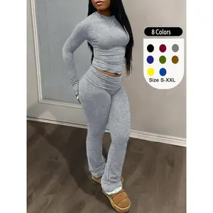 Two-piece Set Women's Solid Color Long Sleeve Tee & Foldover Waist Flare Leg Pants Set, Wear Long Sleeves Round Neck Top & High Waist Bell Bottom Trousers, Womenswear for Fall & Winter