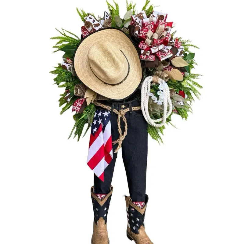 Lone Star Cowboy Western Wreath with Hat American Flag and Boots for Patriotic Decor