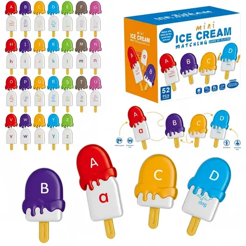 Montessori Ice Cream Alphabet Matching Toys for Toddlers 3-6 Years Old, 52 PCS ABC Letter & Vocabulary Learning Game, Preschool Educational Fine Motor Skills Toys for Kids, Color Sorting & Sight Words Matching Gift, Preschool Alphabet Tool, Learning Set