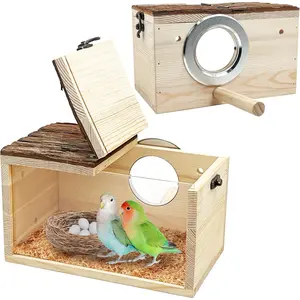 Parakeet Nesting Box - Wooden Parrot Nest for Cockatiel, Lovebirds, Budgie, Conure - Acrylic Transparent Bird House With Perch for Breeding