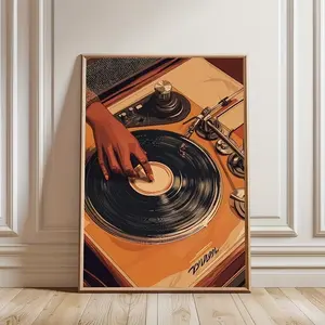 Vintage Music Vinyl Turntable Wall Art – DJ Retro Canvas Print, Minimalist African American Decor for Living Room & Bedroom