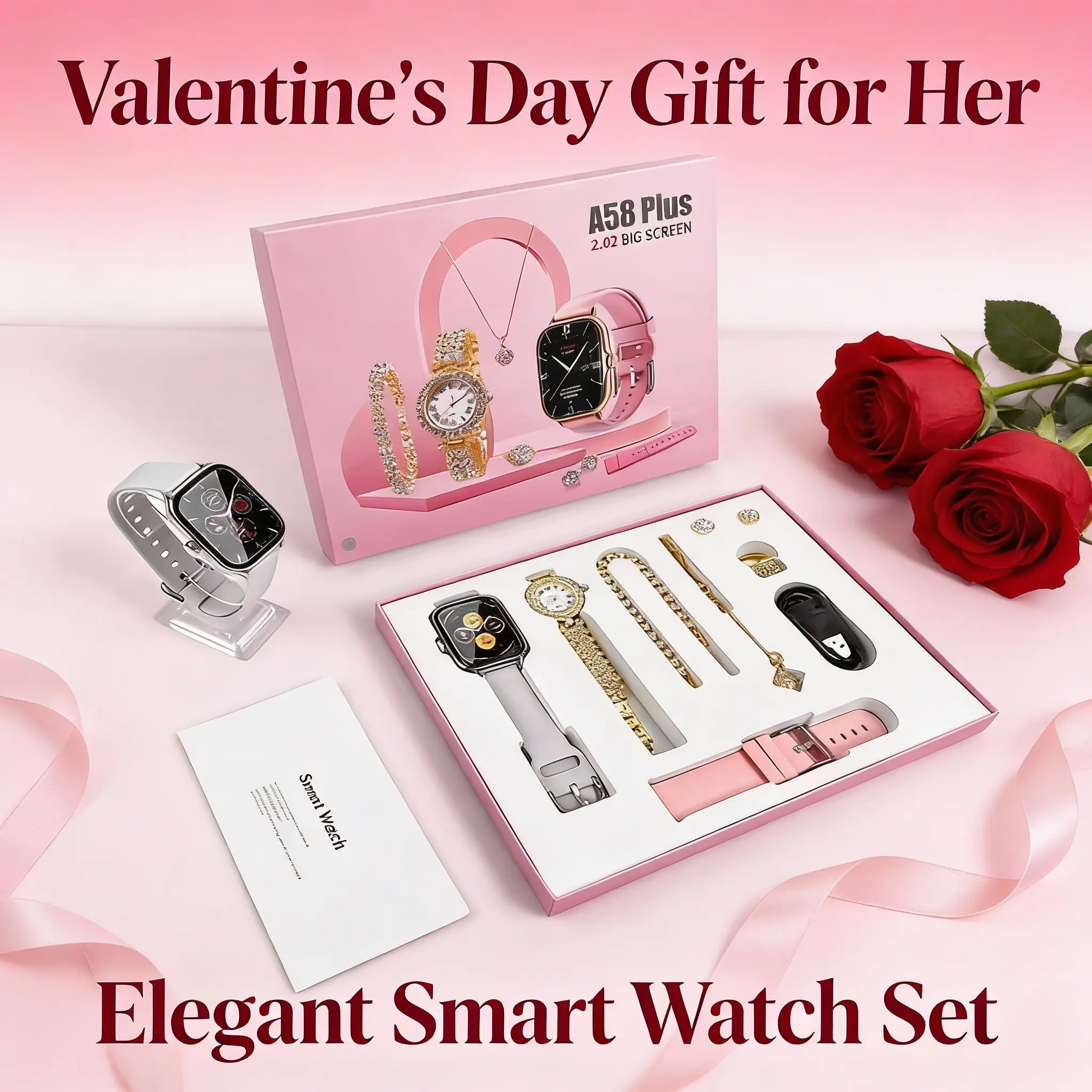 Fashion Gift  Plus Women's Luxury 8-In-1 Watch, 2 Bands Ring Earrings, Touchscreen Wearable Android Button Charging Chip Custom LCD Tracker