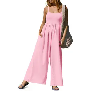 Womens Summer Jumpsuits One Piece Casual Loose Overalls Spaghetti Strap Wide Leg Rompers with Pockets Workout Outfits