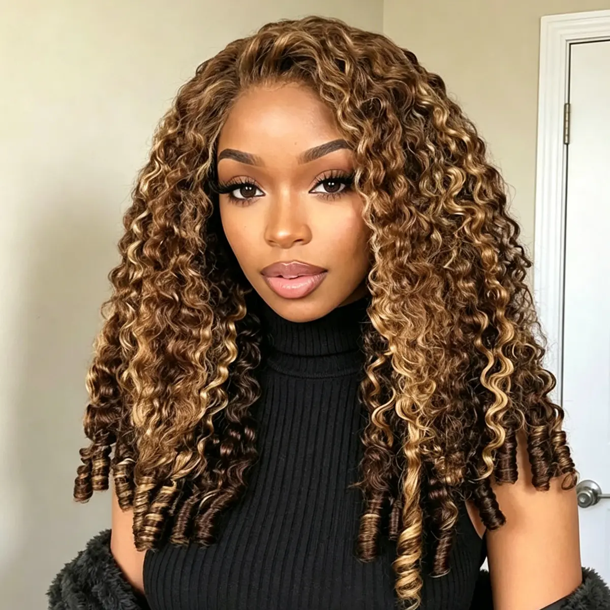 CurlyMe Wear Go Half Wig Highlights Ombre Burmese Curly Thick Density Snug Fit Glueless Install Human Hair Wig