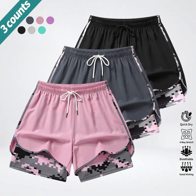 3-Pack High Stretch Quick-Dry Sports Shorts, Casual Sport Shorts with 2-in-1 Design, Quick-Dry Breathable Fabric, Camouflage Print, Suitable for Outdoor Walking, Sports, and Everyday Wear