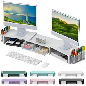 Dual  Stand Riser, Desk Organizer With Drawer and 2 Pen Holders, Desk Accessories & Workspace Organizers,  Stand for Desk, Office Decor Essentials (White)