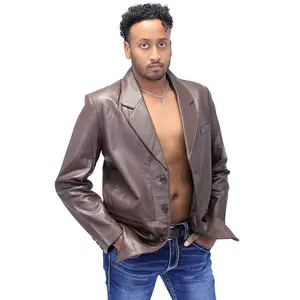 JAMIN LEATHER® Men's Chocolate Brown Lambskin Leather Blazer M1181N - Classic Notch Collar, Button Front, Inside Chest Pocket, Soft Satin Lining, Long Sleeve Jacket