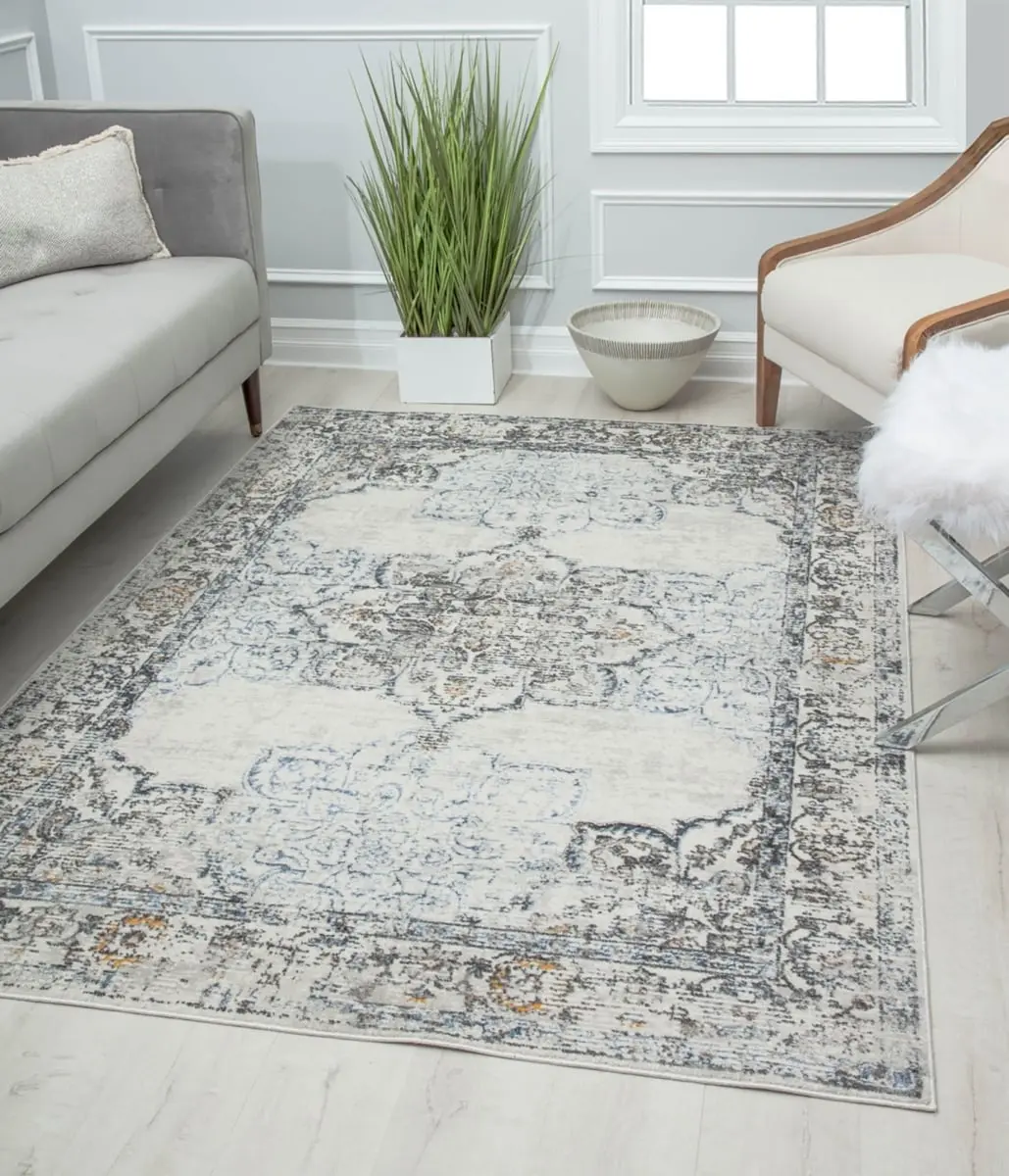 Rugs America RA30161 8x10 ft. Preston PS35C White Bay Blossom Coastal Transitional Vintage Gray Indoor Area Rug - Home Decor Rugs for Living Room, Care: Spot or Wipe Clean, Pattern Rug