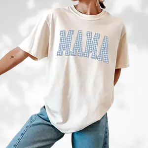 Preppy Gingham Mama Shirt, Pastel Blue Plaid Mother Graphic Tee, Mother's Day Gift