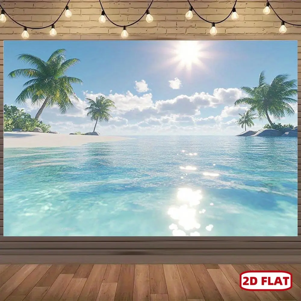1pc Durable Polyester 2D Flat Tropical Beach Scene Backdrop Banner, Vivid Palm Trees & Turquoise Waters Design, No Electricity Needed for Beach Parties-Weddings, Festive & Home Decor