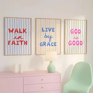 Set of 3 Christian Wall Art Stripes Bible Verse Wall Art, Room Decor, Unframed 5 Sizes (8x12 to 27x40 inch)