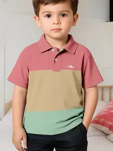 Boys' Colorblock Polo Shirt Loose Fit Shirts Short Sleeve Collared Casual Tee Comfortable Breathable Multi-Color Patchwork Design
