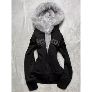 Americanoriginalgrayvelvetthickenedhoodedsweatshirtjacketforwomenretroslimhottiedesignwarmzipperjacket