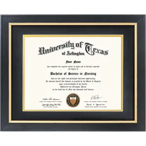 8.5x11 Wood Diploma Frame with Black Mat or Display 11x14 Certificates without Mat,Tempered Glass,Rustic Black Finish with Gold Trim