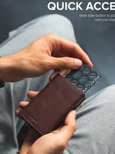 Leather Card Holder Oil Wax Leather Aluminum Alloy Automatic Pop-Up Multi-Functional Large Capacity Metal Wallet for Men & Women